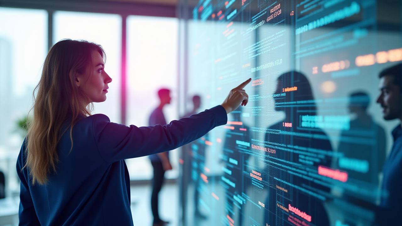 Diverse tech team collaborating in a modern London workspace with data overlays